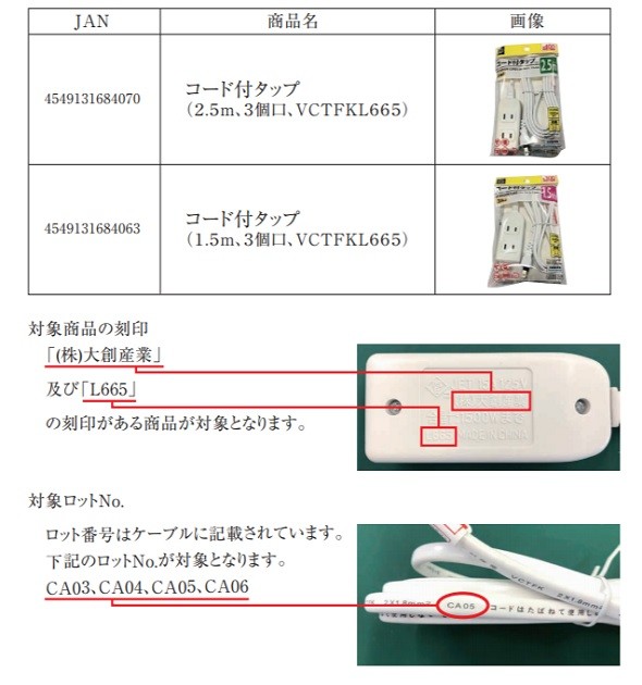 電源タップ コード付タップ ダイソー商品検索