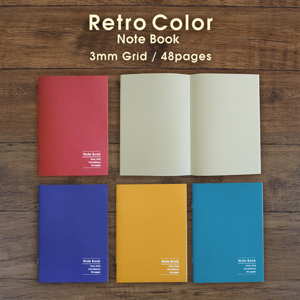 レトロカラーノートA5、3mmグリッド罫、48ページ