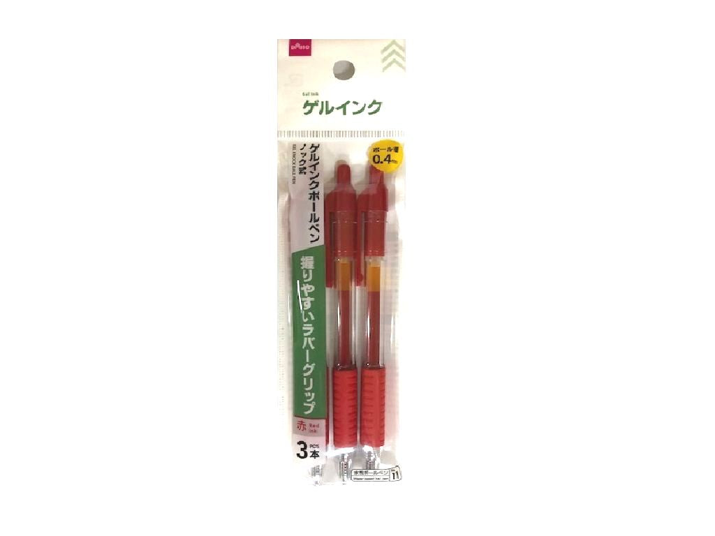 ゲルインクボールペン（ノック式、３本、赤）