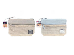 トラベルダブルファスナーコットン混ポーチ（グレー・青） ダイソー(DAISO)