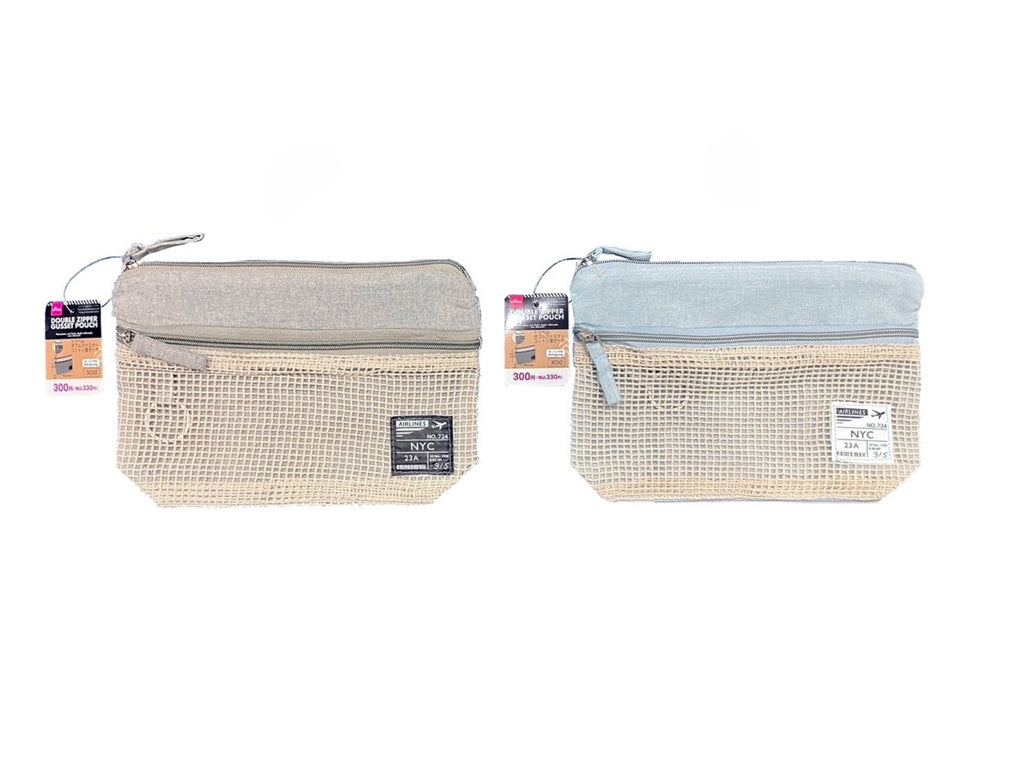 トラベルダブルファスナーコットン混ポーチ（グレー・青） ダイソー(DAISO)