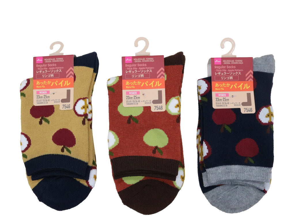 レギュラーソックス（レディース、厚地パイル、リンゴ柄） ダイソー(DAISO)