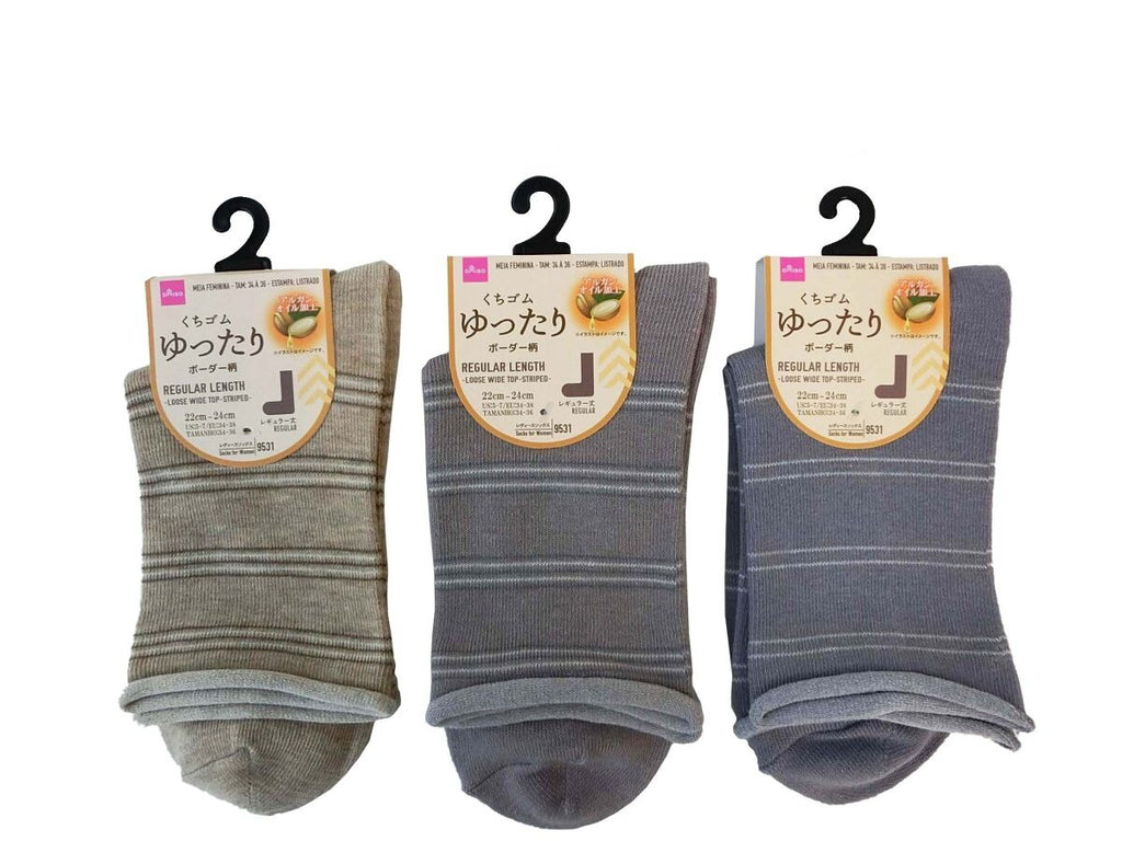 シニア用ソックス（レディース、レギュラー丈、ゆったりくちゴム、ボーダー柄） ダイソー(DAISO)