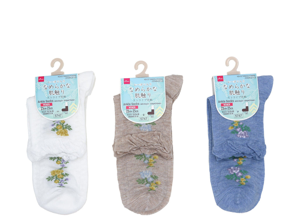 アンクルソックス（レーヨン入、ストライプ花柄） ダイソー(DAISO)