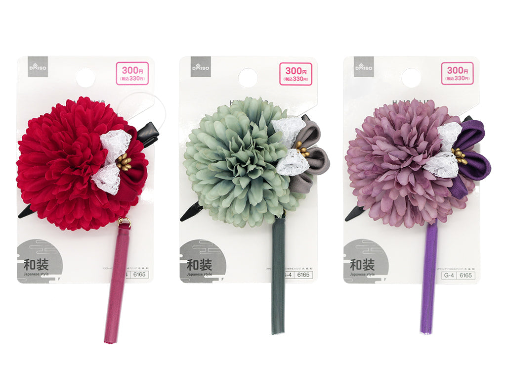 フラワーヘアクリップ（つまみ＆フリンジ、赤、緑、紫） ダイソー(DAISO)